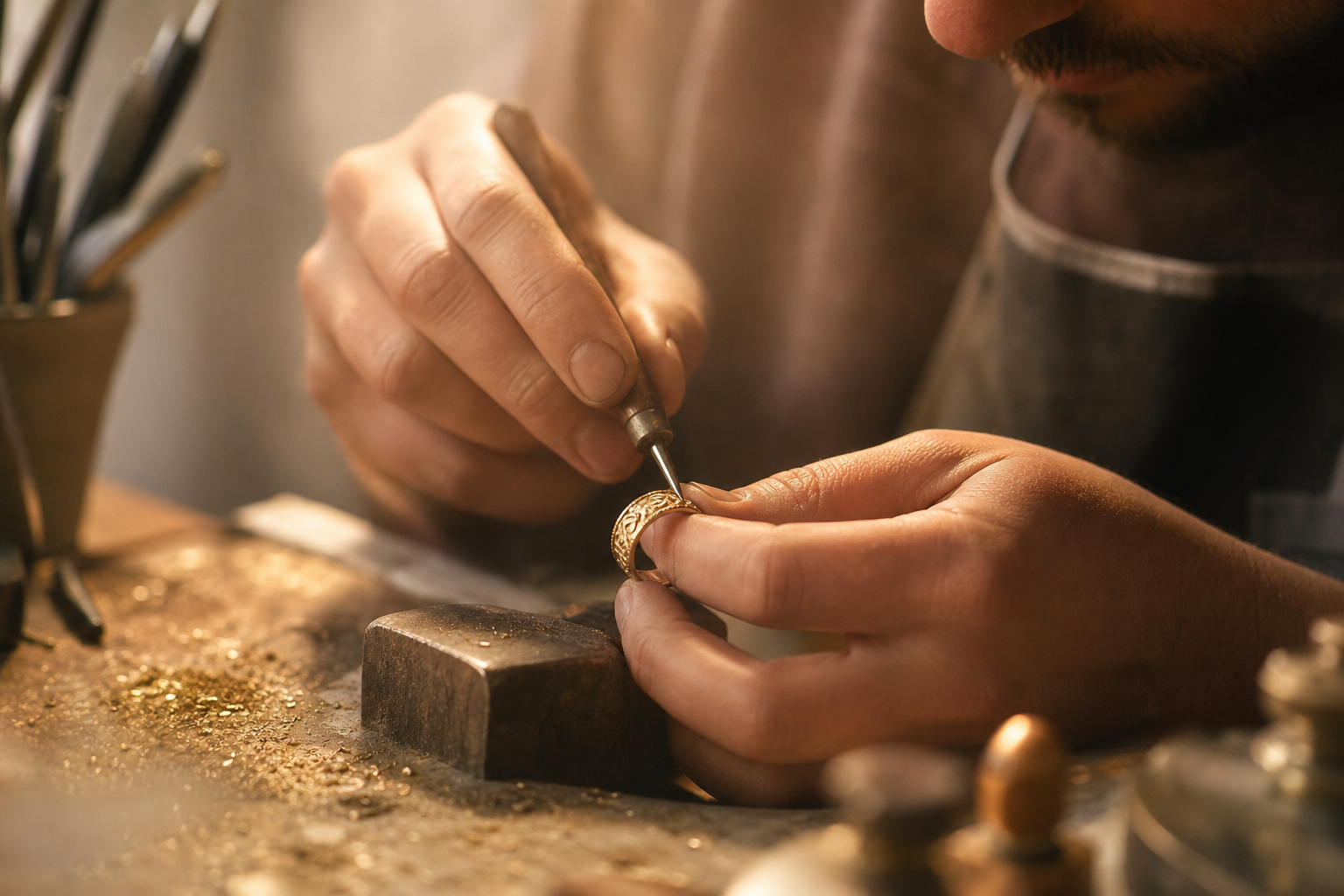 A goldsmith working a gold ring at the Ruby Goldsmith bench