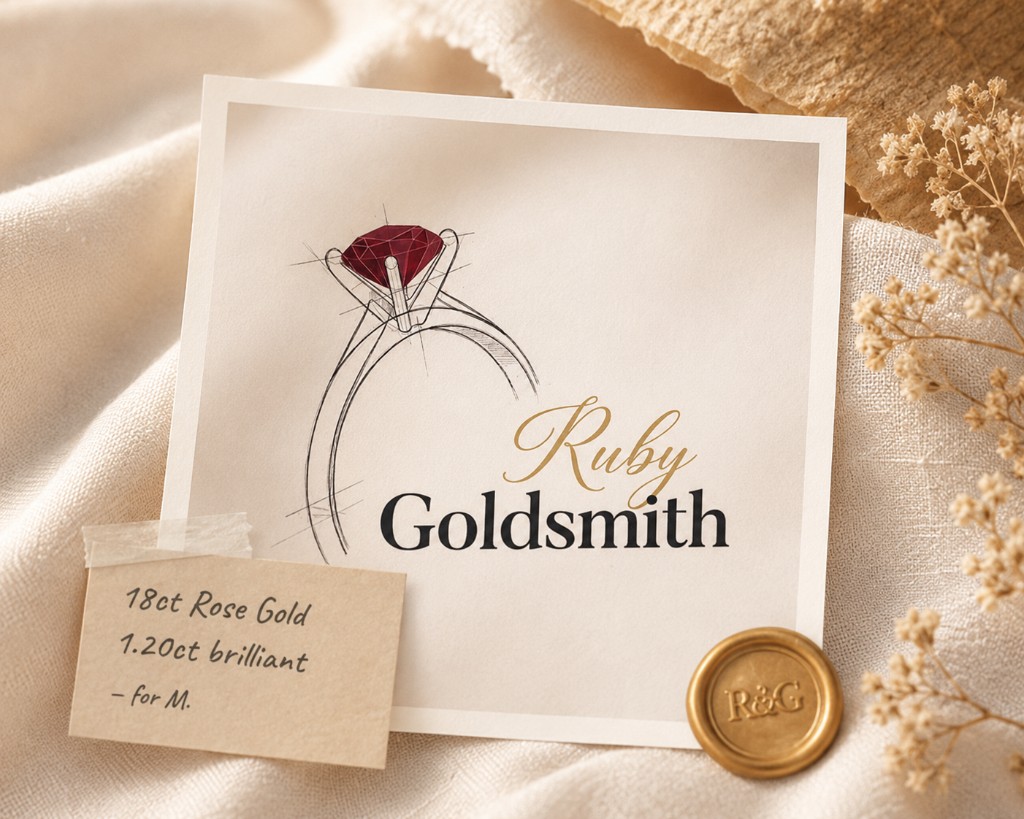 Ruby Goldsmith - hand-drawn ring sketch with ruby, kraft specification note and gold wax seal on linen